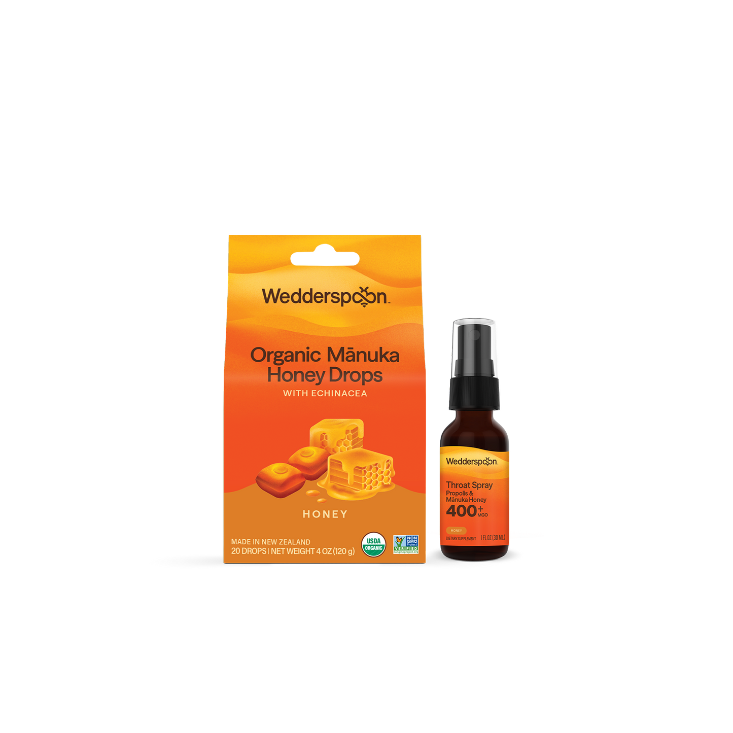 Wedderspoon Organic Manuka Honey Drops and Honey Spray on a white background