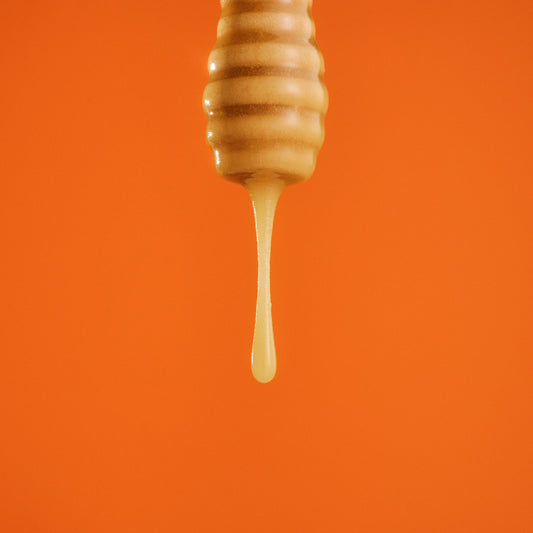 Wooden honey dipper with honey dripping against an orange background