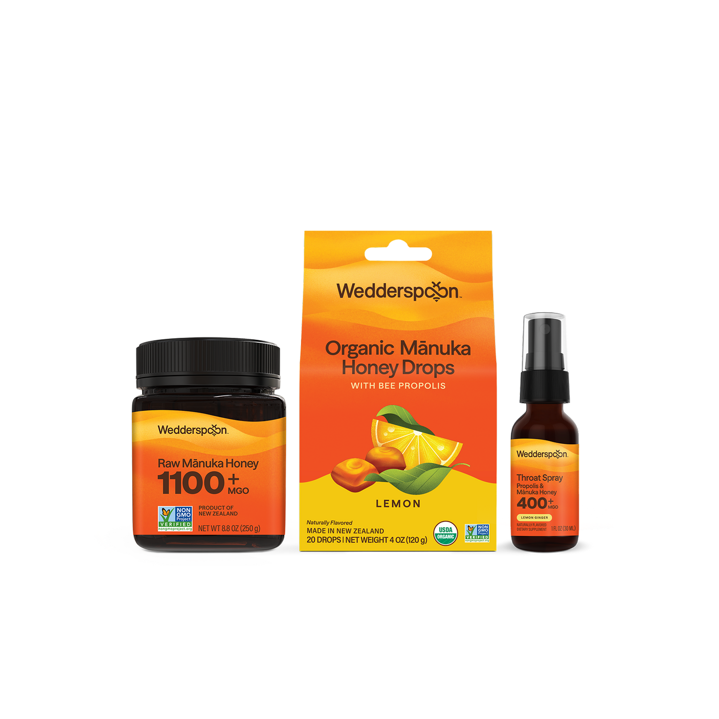 Wedderspoon honey products including jar, package, and spray bottle on a white background