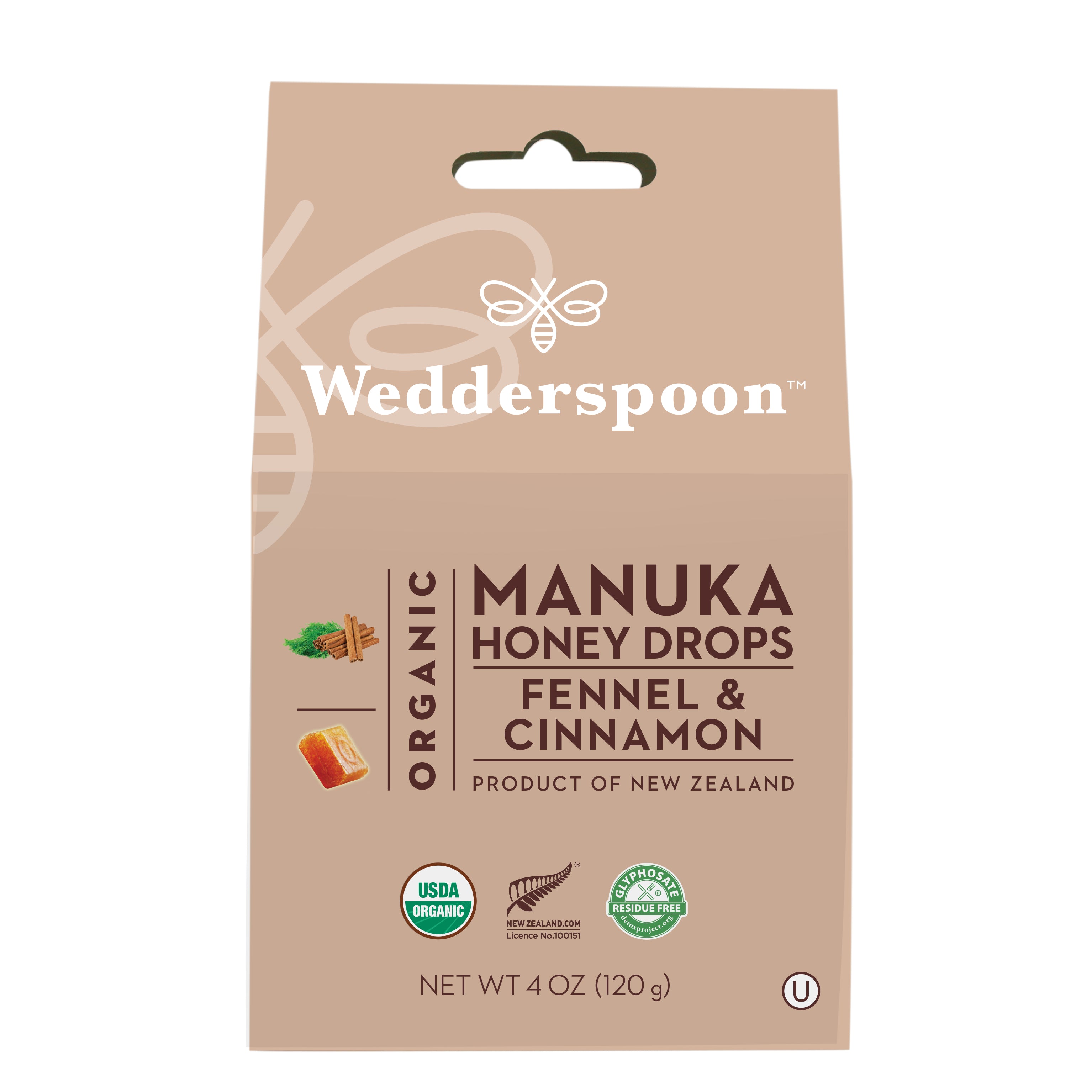 Wedderspoon Manuka Honey Drops Fennel & Cinnamon 