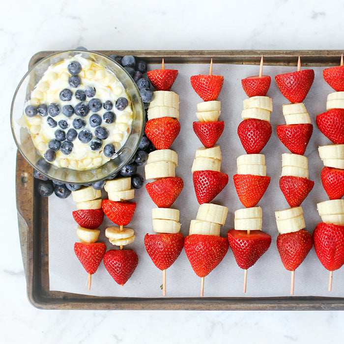 American Flag Fruit Skewers with Manuka Honey Yogurt Dip