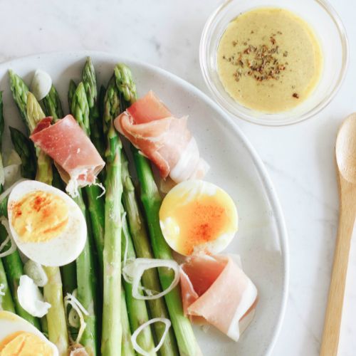 Asparagus Salad with Eggs, Prosciutto and Manuka Honey Vinaigrette