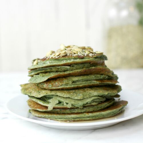 Spinach Pancakes with Fresh Fruit and Manuka Honey Topping
