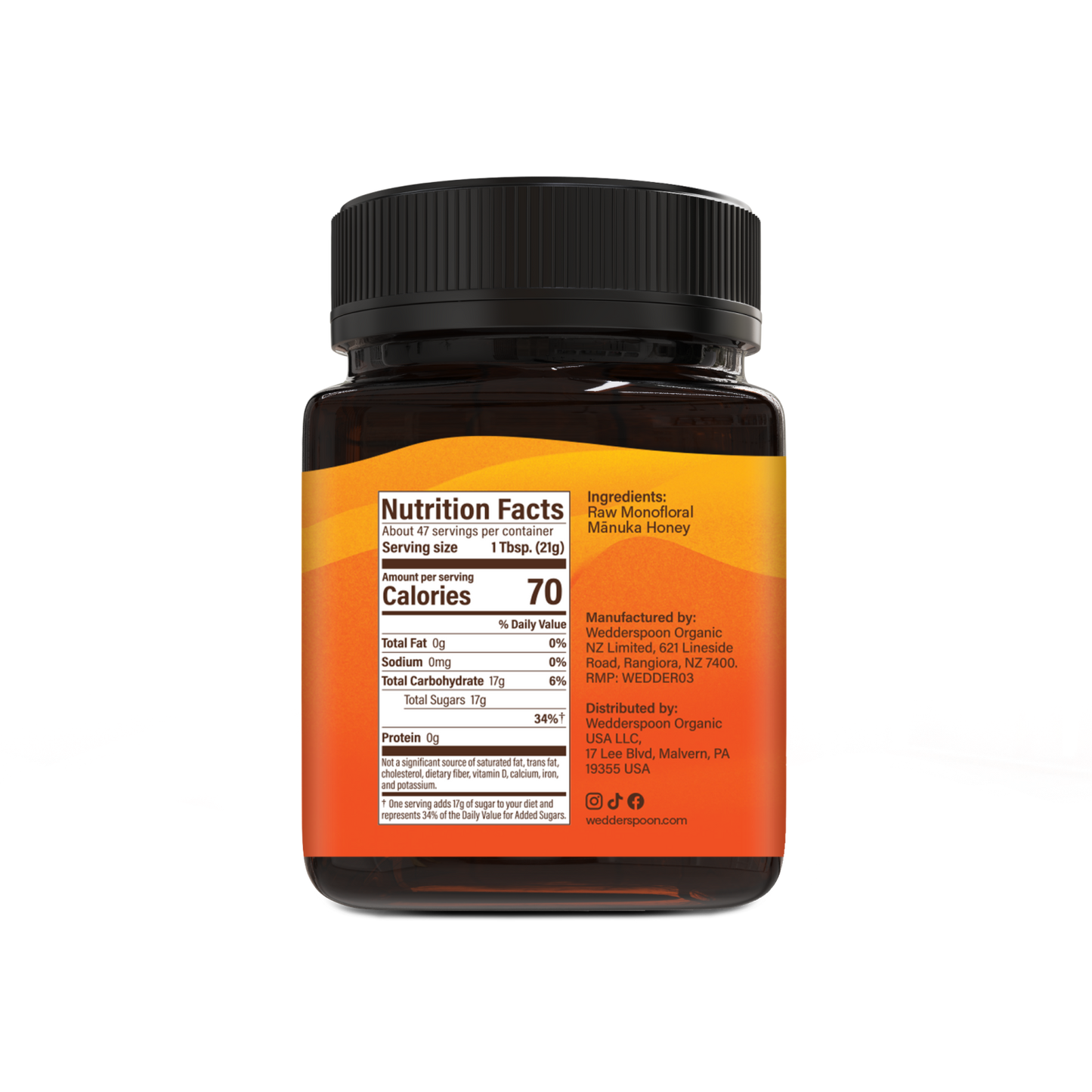 Jar with an orange label displaying nutrition facts on a white background