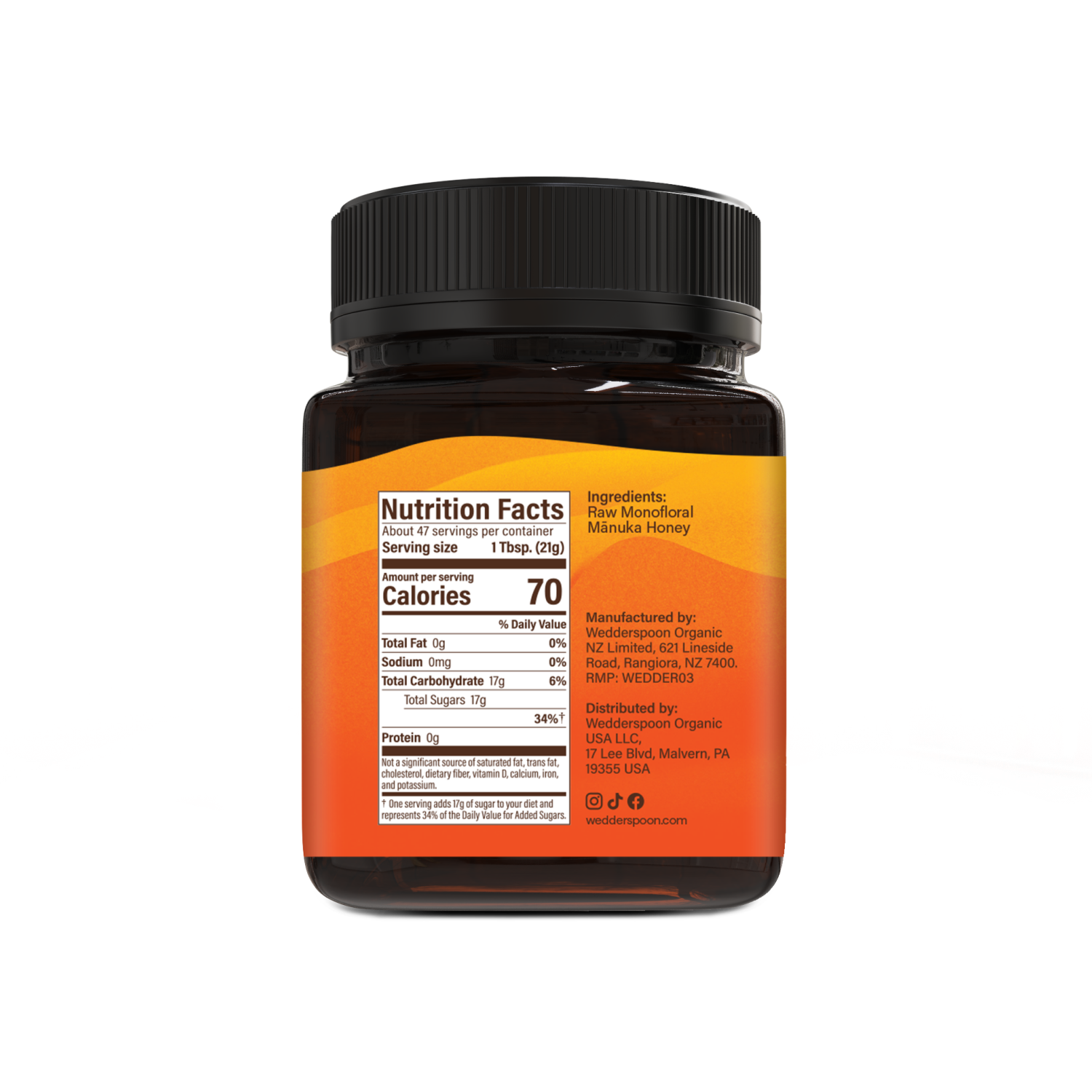 Jar with an orange label displaying nutrition facts on a white background