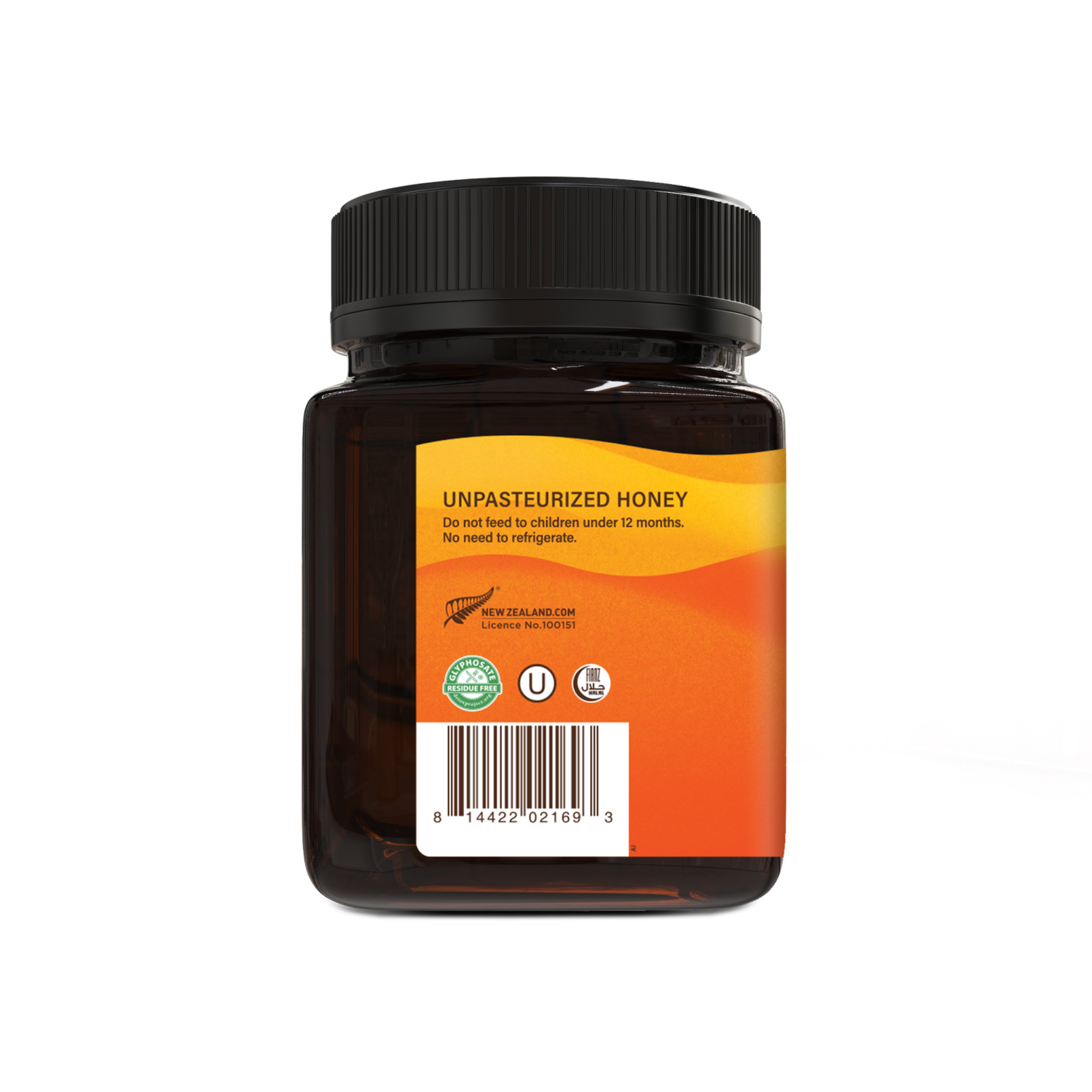 Jar of unpasteurized honey with a label on a white background