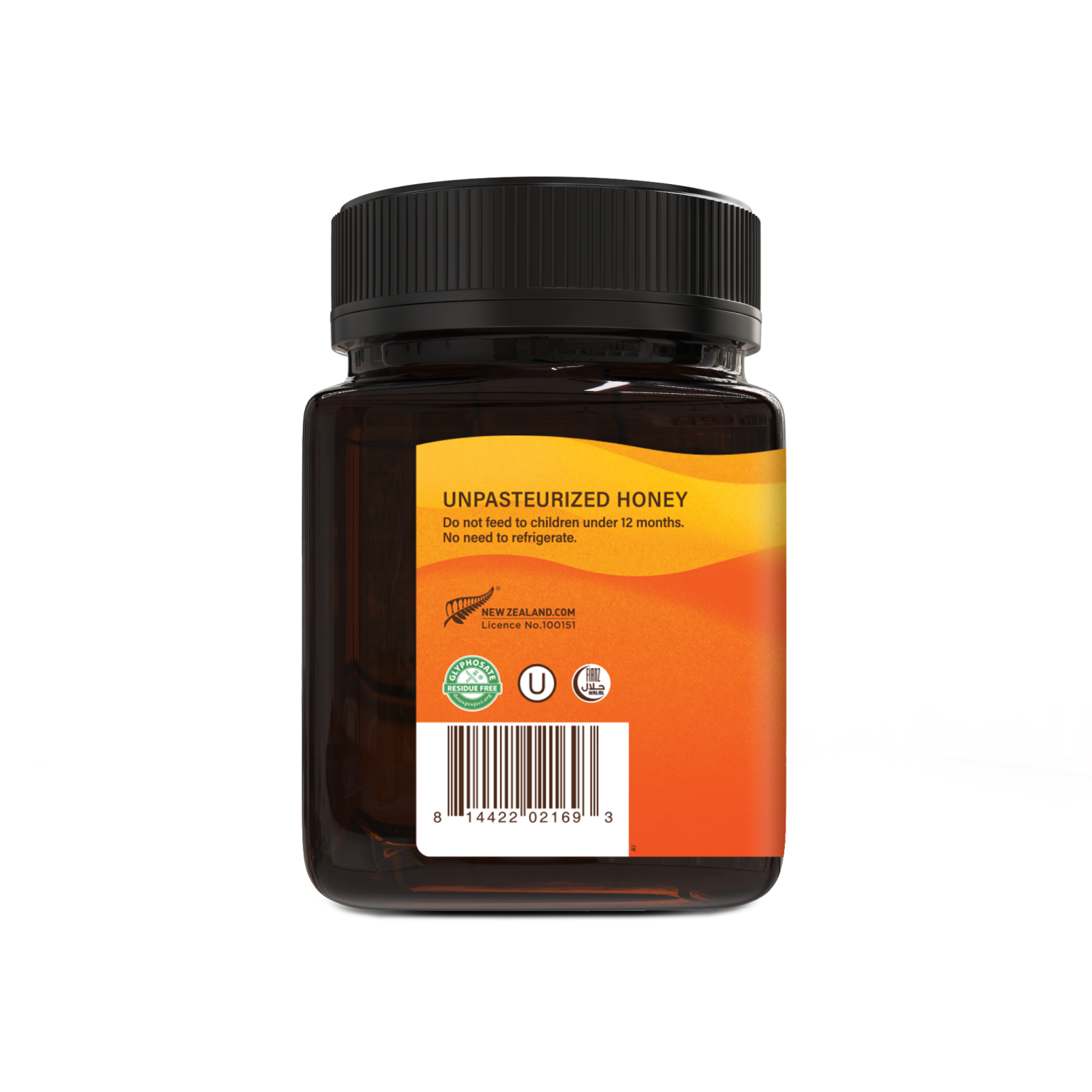 Jar of unpasteurized honey with a label on a white background