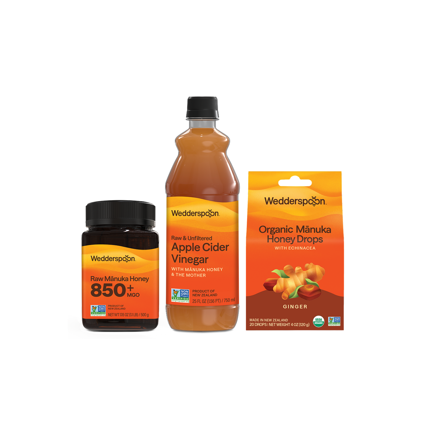 Collection of Wedderspoon honey and apple cider vinegar products on a white background