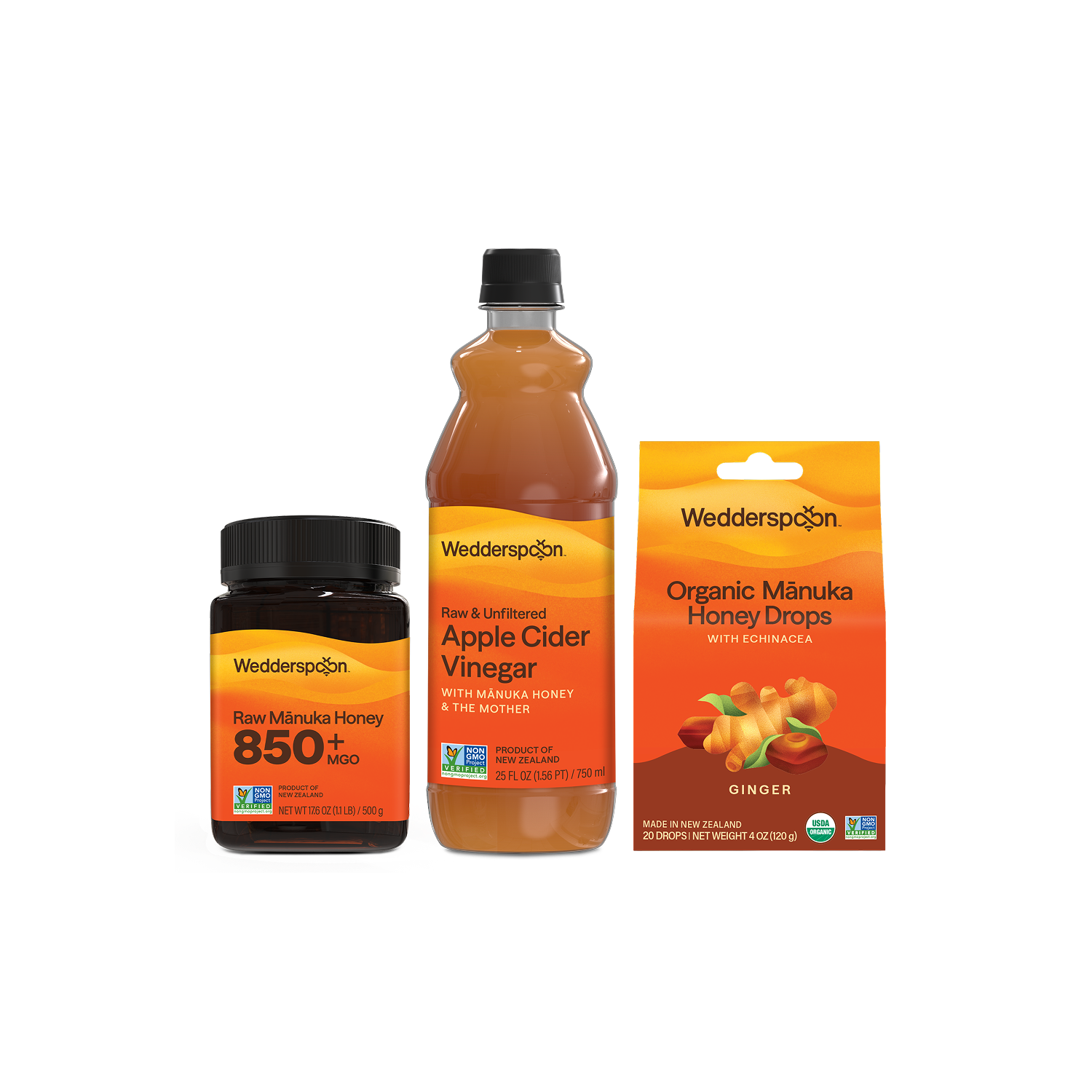 Collection of Wedderspoon honey and apple cider vinegar products on a white background