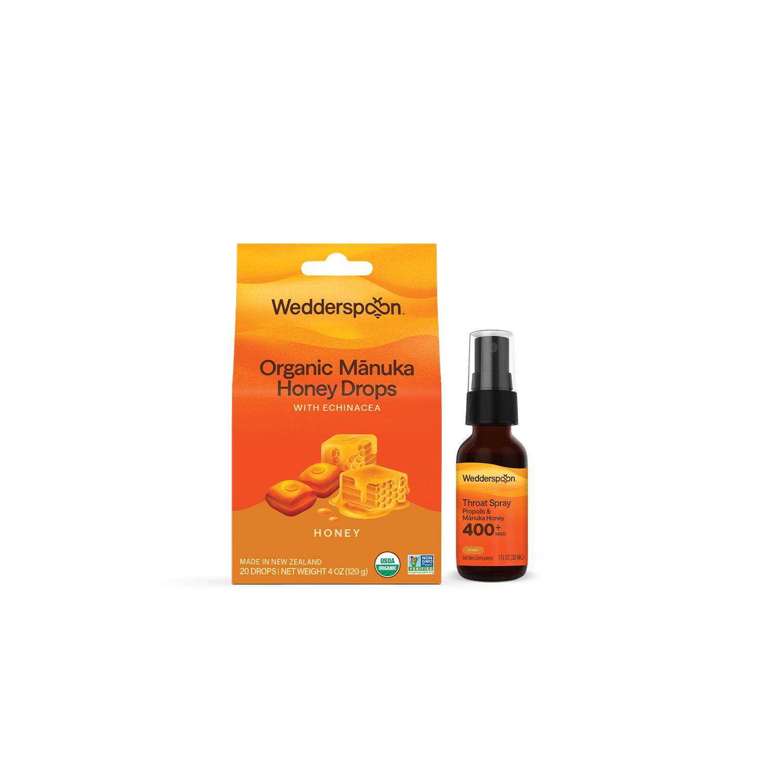 Wedderspoon Organic Manuka Honey Drops and Honey Spray on a white background