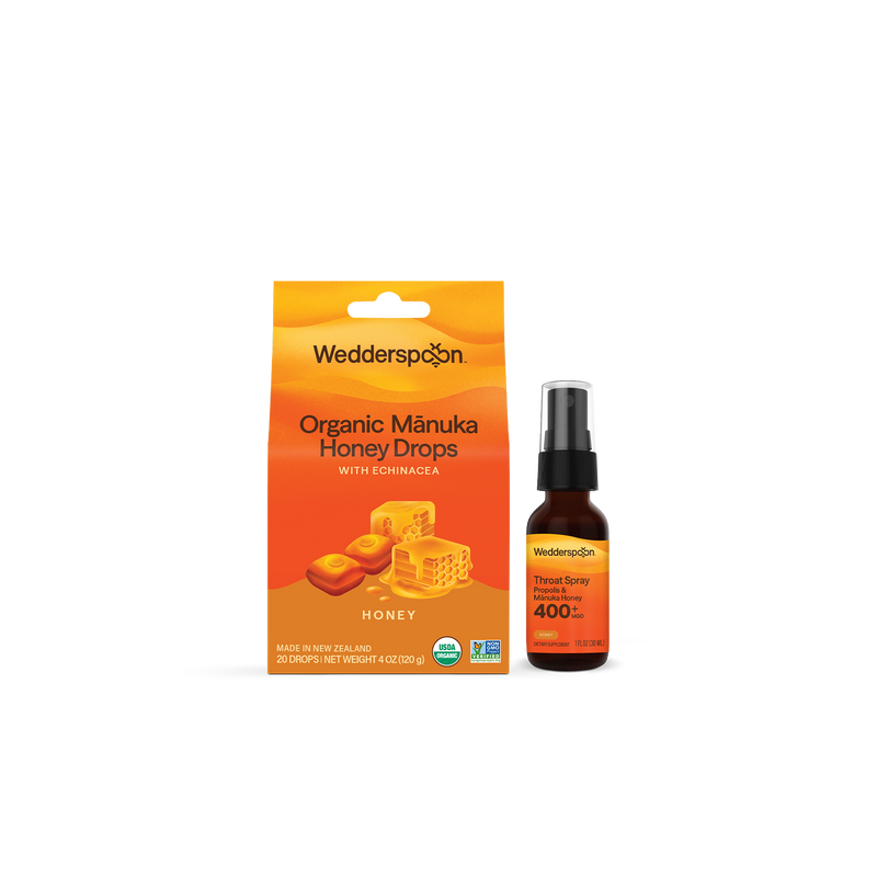 Wedderspoon Organic Manuka Honey Drops and Honey Spray on a white background