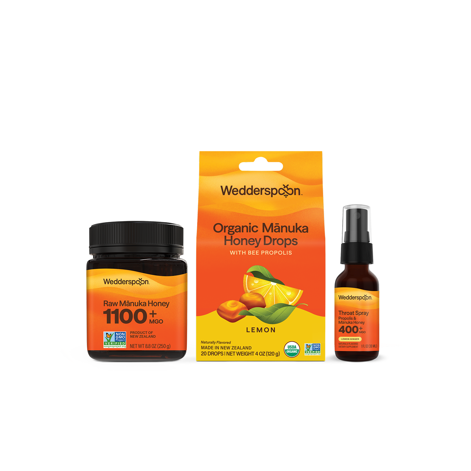 Wedderspoon honey products including jar, package, and spray bottle on a white background
