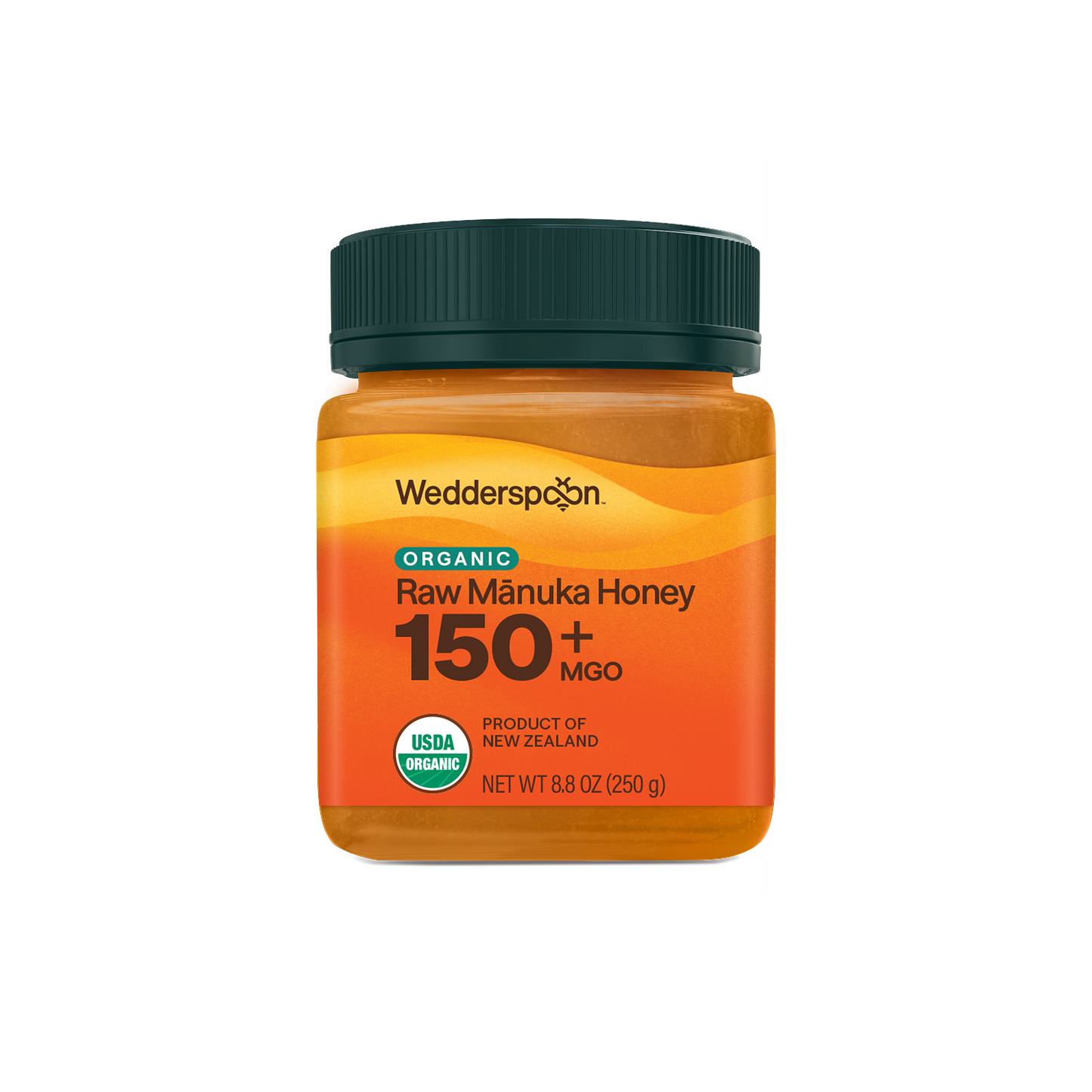 Jar of Wedderspoon Organic Raw Manuka Honey 150+ MGO on a white background