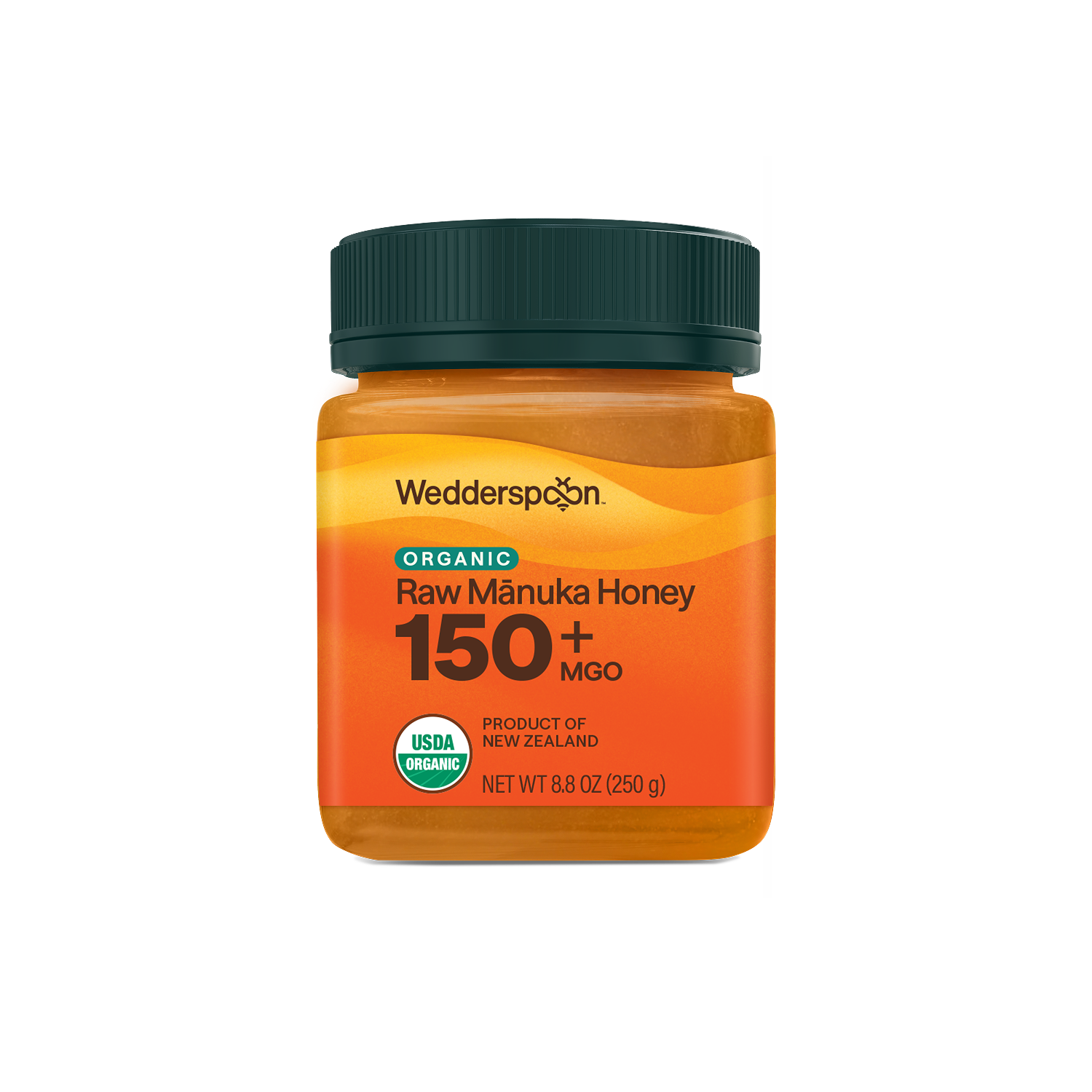 Jar of Wedderspoon Organic Raw Manuka Honey 150+ MGO on a white background