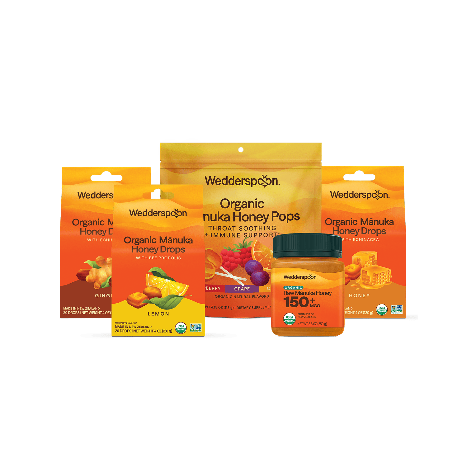 Collection of Wedderspoon honey products including honey drops and nuka honey pops on a green background