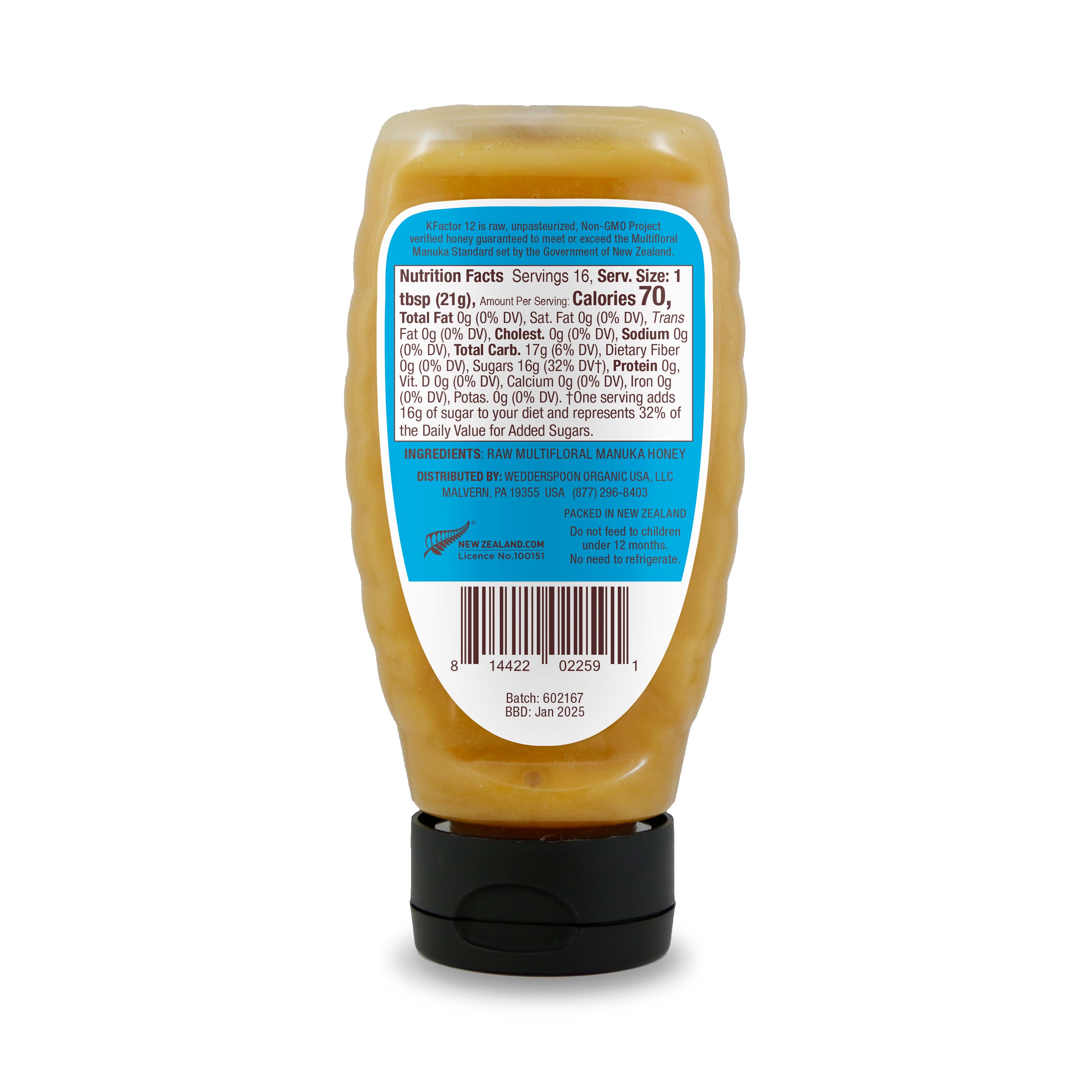 Raw Multifloral Manuka Honey KFactor 12, 340g Squeeze Bottle